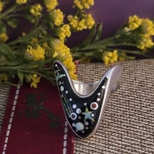Stunning Signed YAZZIE Authentic Navajo Night Sky Inlay Onyx Ring Size 6